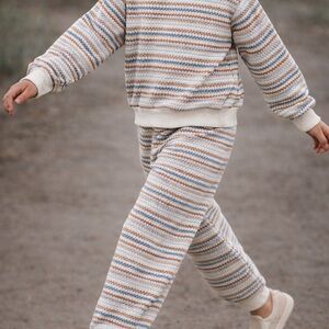 Rylee + Cru Striped Kids Matching Jacquard Knit Set in Cream, Blue, and Brown